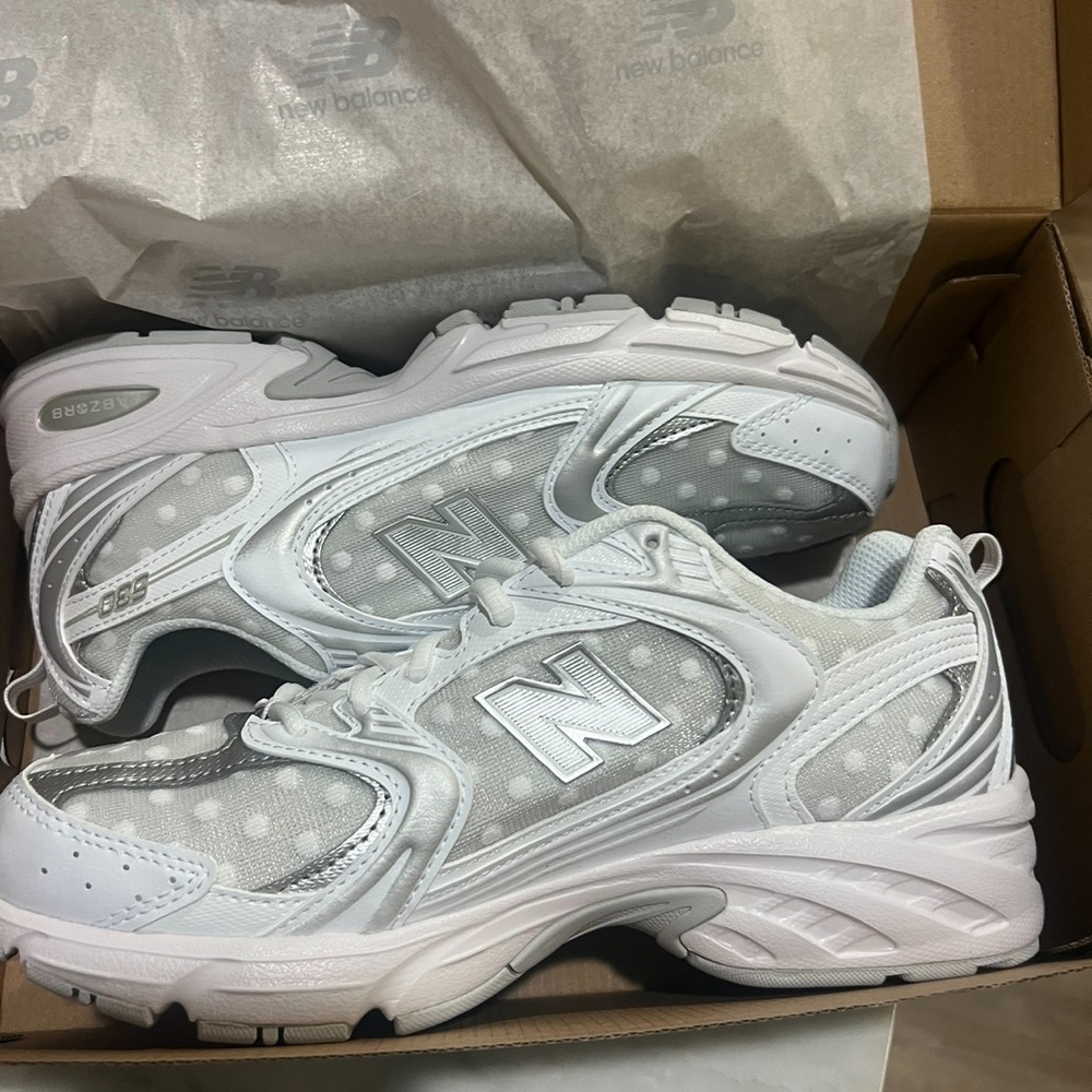 New Balance 530 White and Metallic Polka dot Athletic Shoes